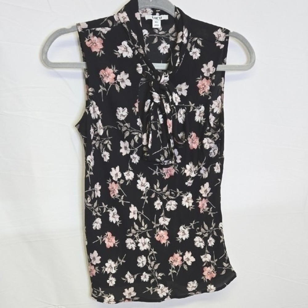 Bar III Floral‎ Sleeveless Blouse Tie Neck, Black, Spring Summer Casual XXS
